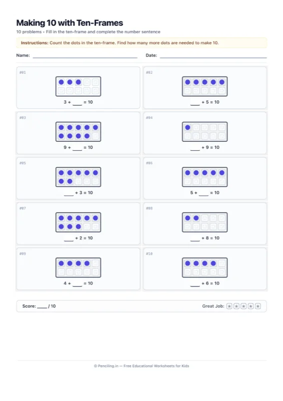 Ten Frames Addition Worksheet 01 worksheet preview
