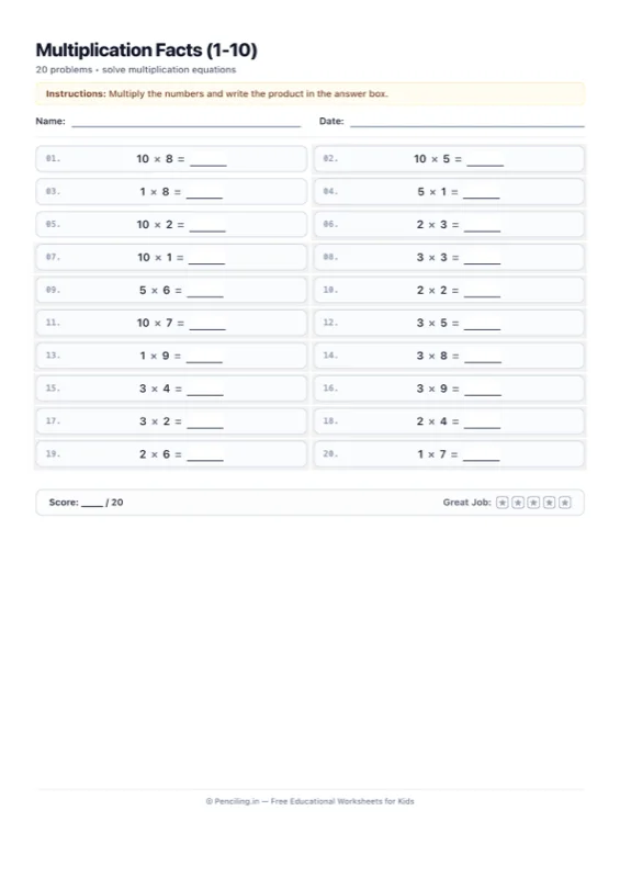 Times Tables Worksheet 01 worksheet preview
